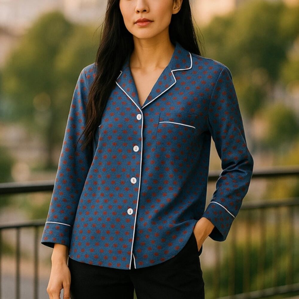 Muveil Lip Print Contrast Piping Dusty Blue Button Down Shirt